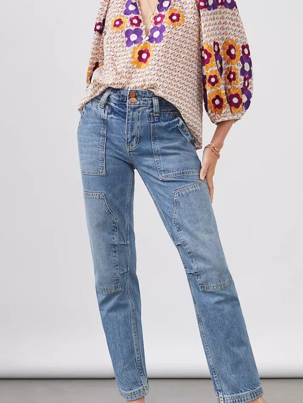 Anthropologie High-Rise Straight Leg Patch Pocket Jeans - Light Blue